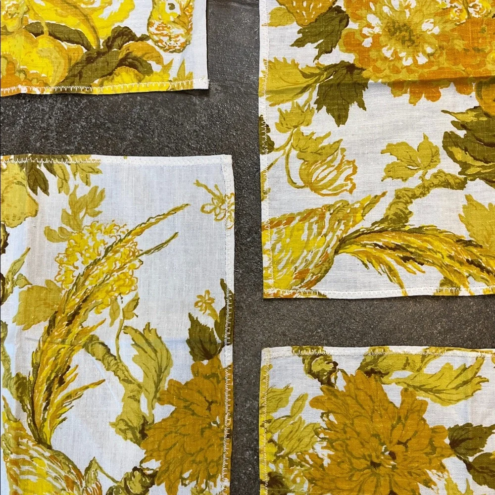 Vintage set of 10 asst size’s floral gold / yellow napkins handmade zig zag hems